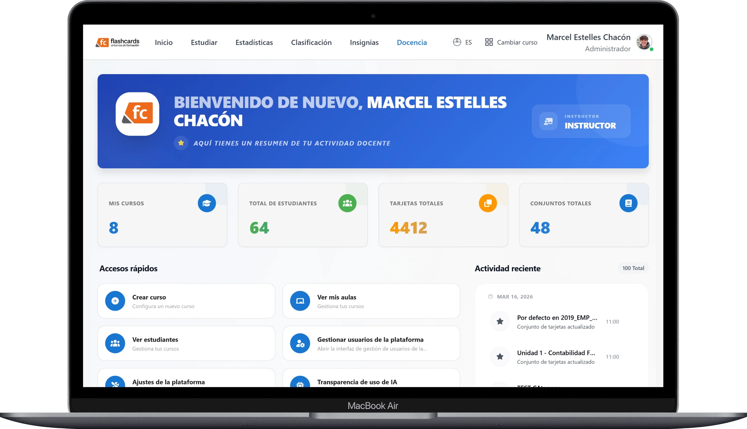 Panel del docente en Flashcards
